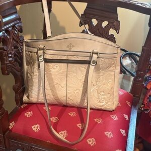 Tooled Cream Leather Shoulder Tote with Floral Detail